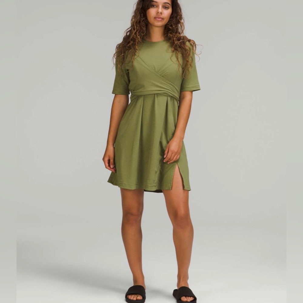 Lululemon Size 8/10 Cotton Wrap Front T-Shirt Dress Bronze Green Two Way